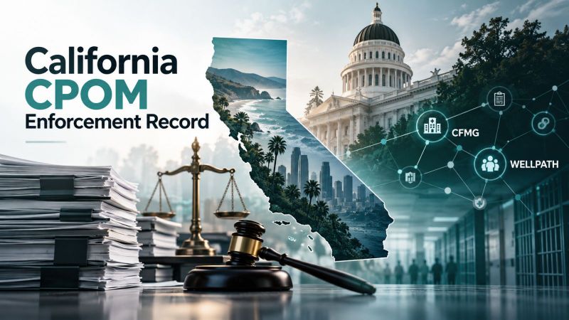 Editorial illustration: case files and statute books representing California enforcement records