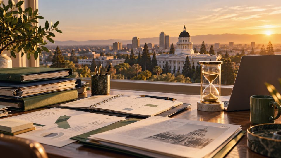 Editorial illustration: a desk of bound legislative files and an hourglass, with the California State Capitol at sunset beyond the window