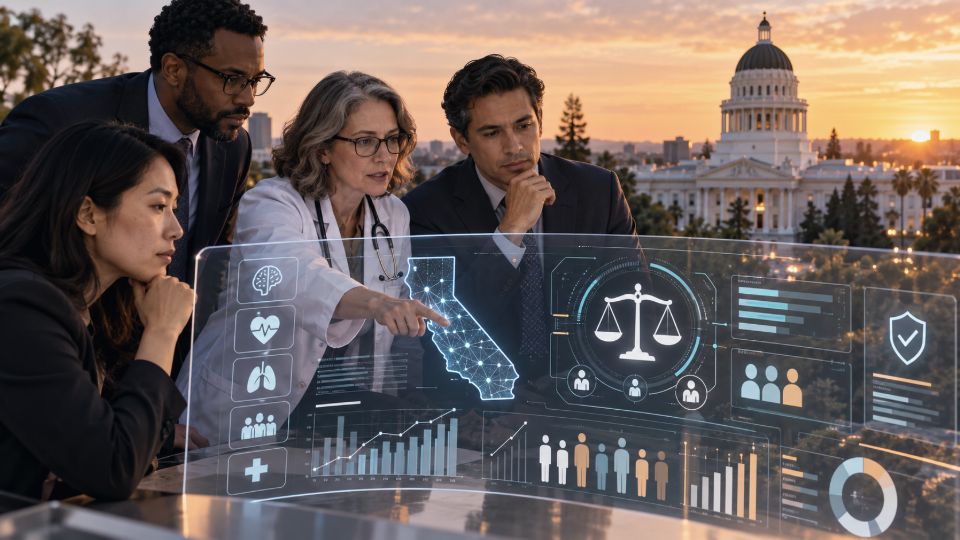 Editorial illustration: clinicians and policy staff study clinical-AI dashboards. Not a photograph of the reported event.