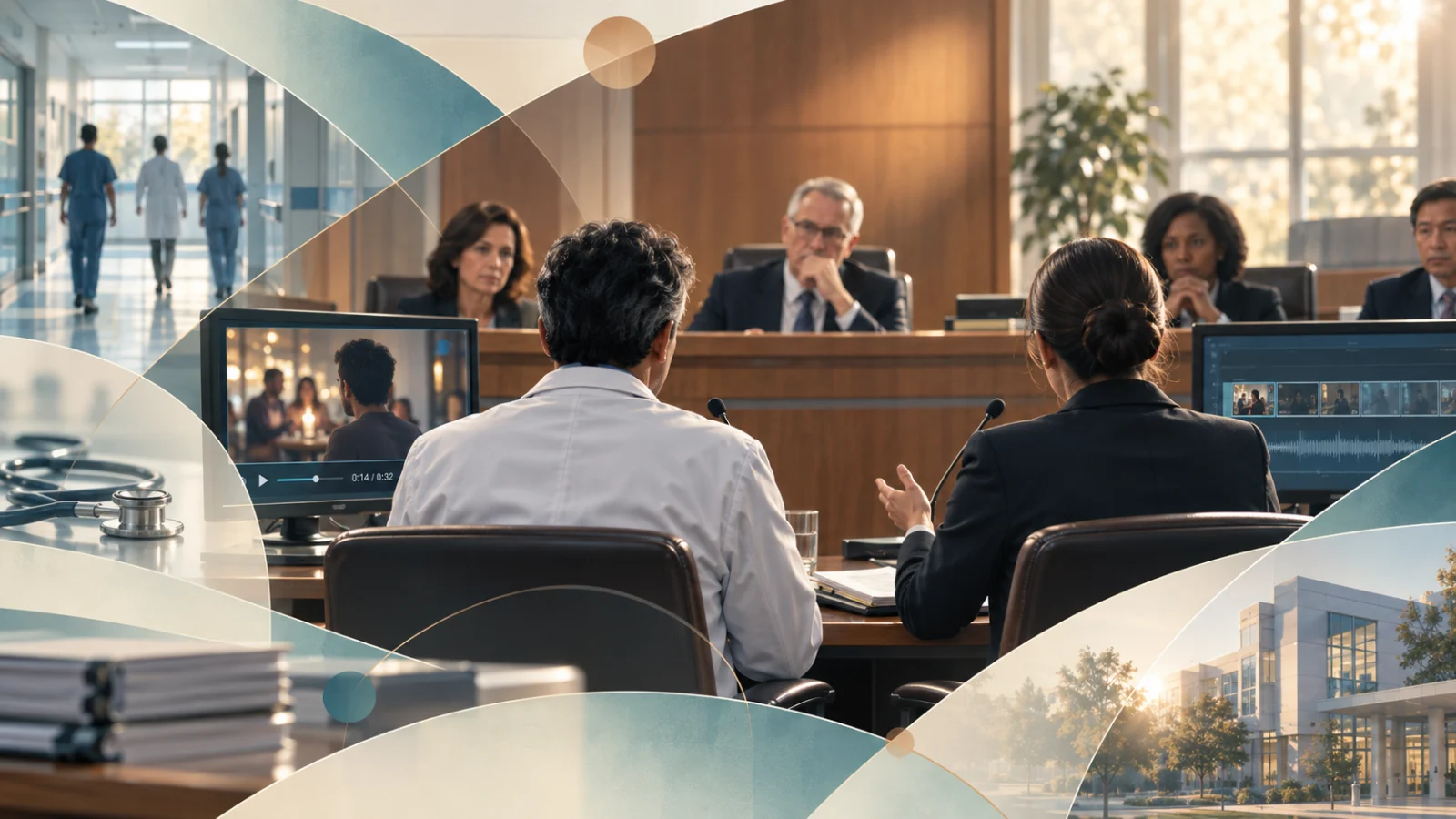 Representative illustration: one case file at the centre of a criminal court, a hospital committee, a credentialing review and a licensing desk, connected by a single thread. No real case is depicted.