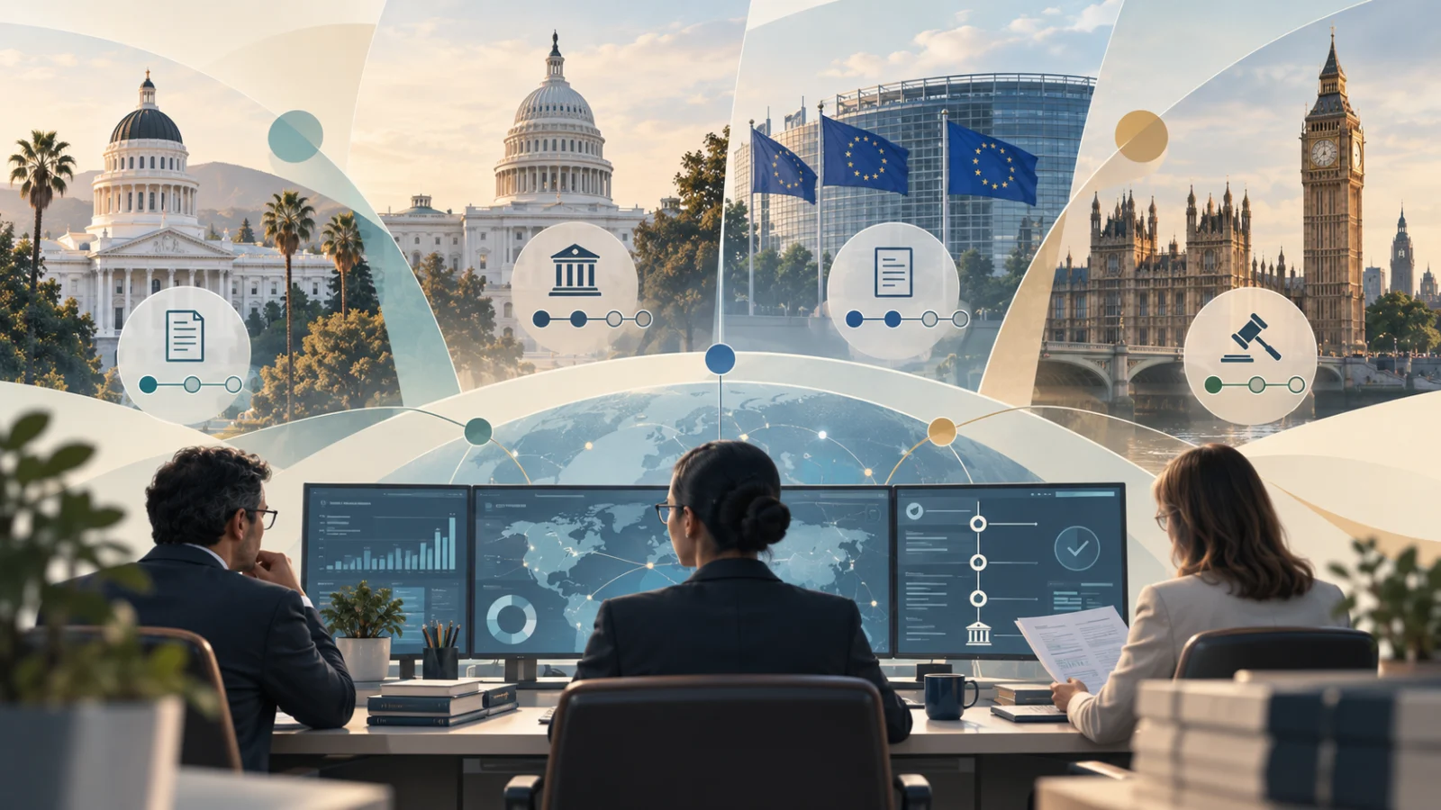 Representative illustration: analysts at a regulatory intelligence desk with the California and United States Capitols, European Union institutions and the Palace of Westminster behind them.