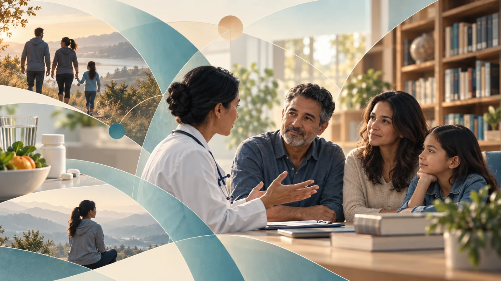 Representative illustration: a physician with a bag walking a path from a globe and documents toward a hospital entrance. The person and institution shown are not real.