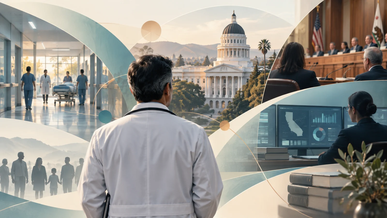 Representative illustration: a physician seen from behind, with a hospital corridor, the California State Capitol, a regulatory hearing room and a policy analyst’s data screens arranged around them. The people and institutions shown are not real.