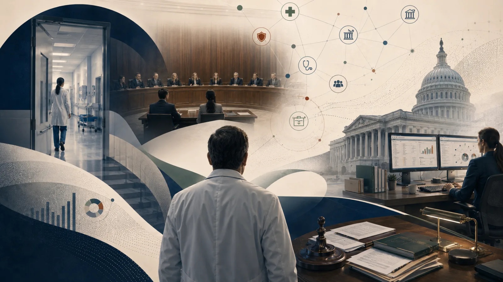 Representative illustration: a physician walking a hospital corridor, a legislative chamber and a regulator at a desk, joined by a network of institutional icons. The people and institutions shown are not real.