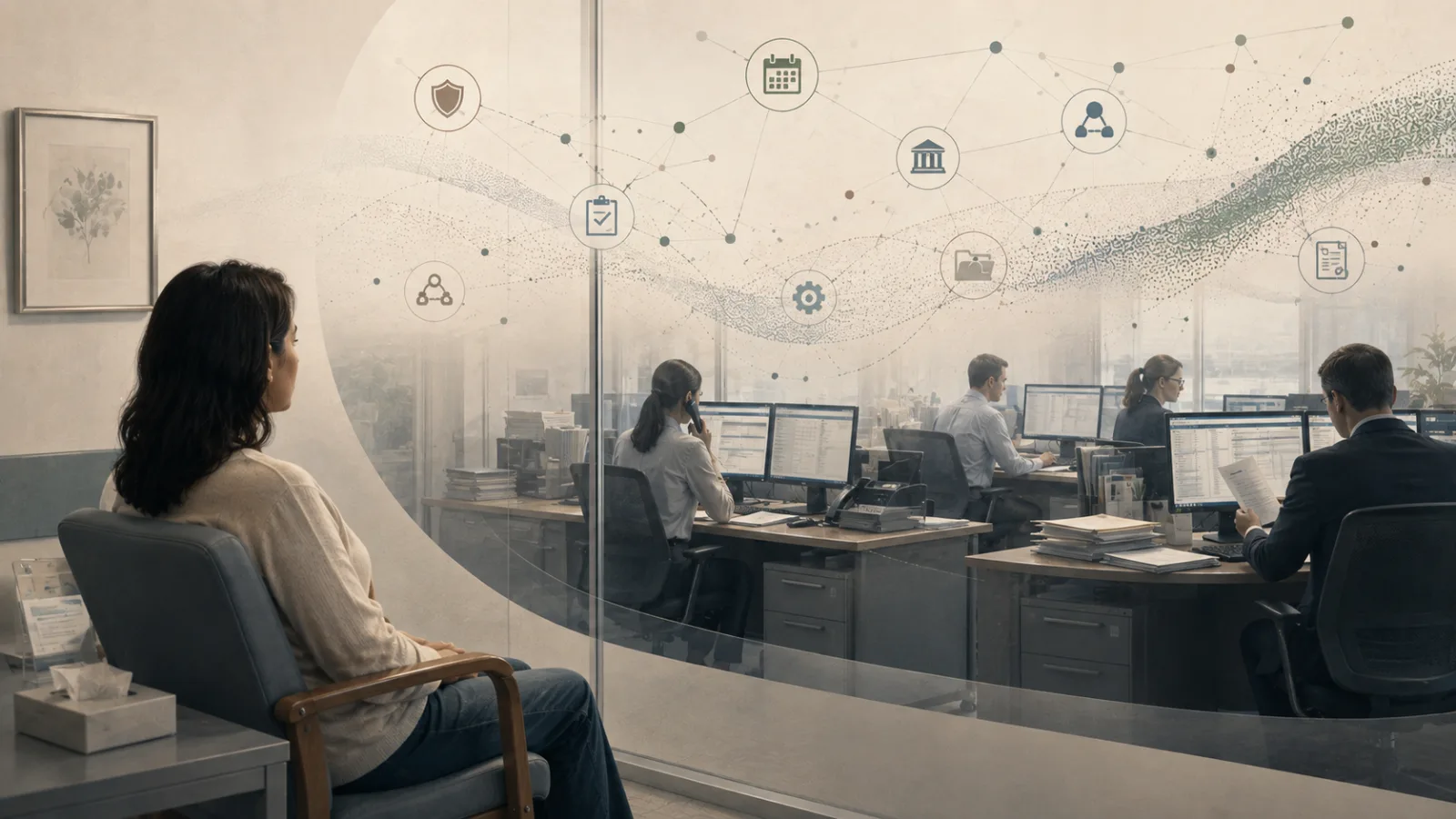 Representative illustration: a physician-researcher at dual monitors showing coded records and a relationship graph. The person and institution shown are not real.