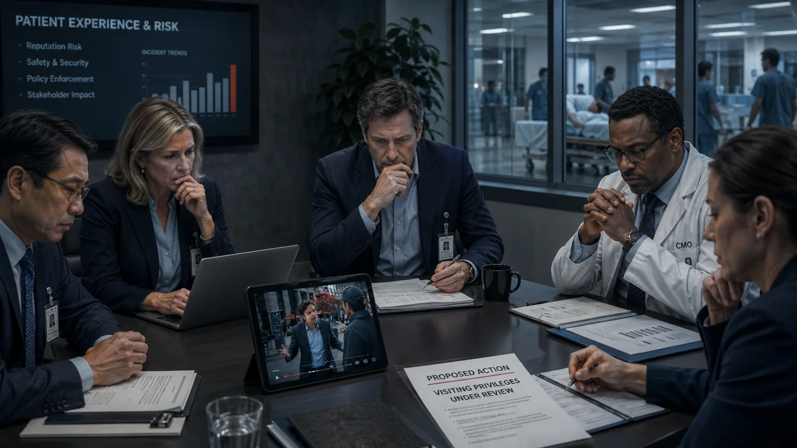 Representative illustration: a short viral clip shown on one screen beside the complete recording on another, before a hearing panel. The people, institution and proceeding shown are not real.